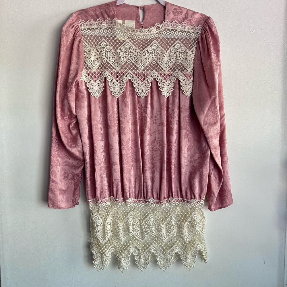 Vintage 80s Jessica McClintock Lord & Taylor Pink 100% Silk And Lace Top Size 6